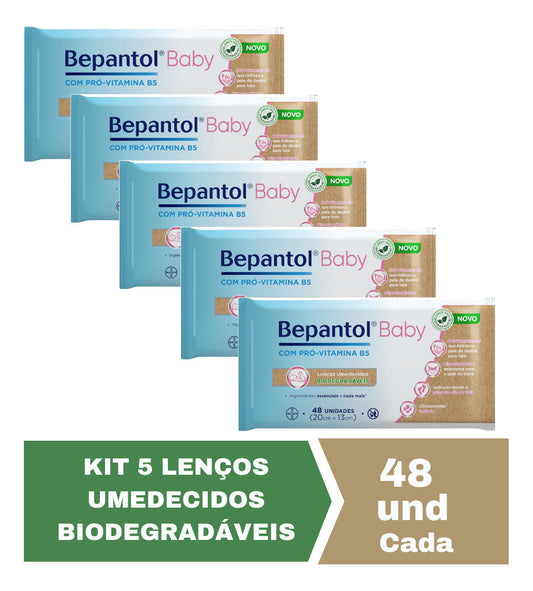 Kit Com 5 Lenços Umedecidos Bepantol Biodegradável 48un Cada